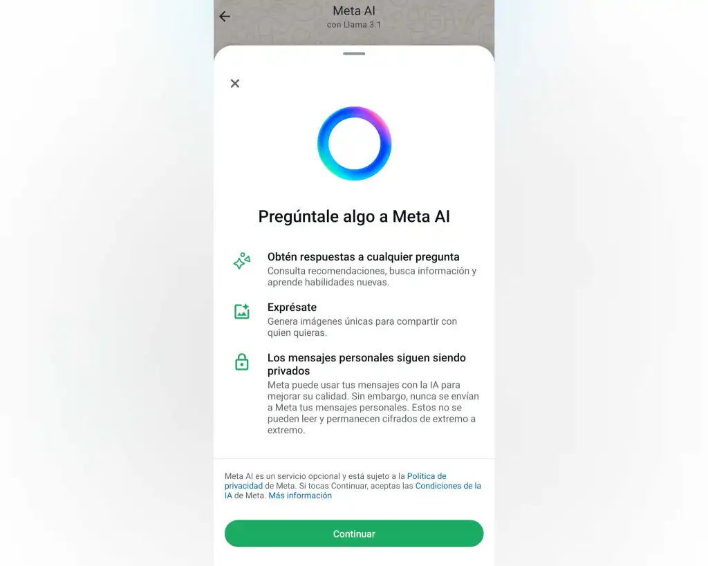 Antes de consultar a Meta AI en WhatsApp, se te pedirá aceptar las "condiciones de la IA de Meta". (Crédito: captura de pantalla realizada por CNNE)